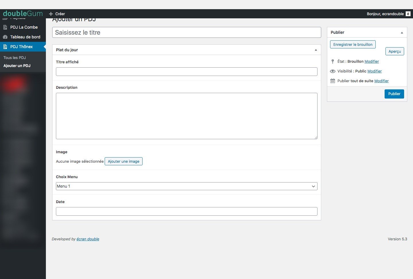 Ajout d'un plat du jour depuis doubleGum